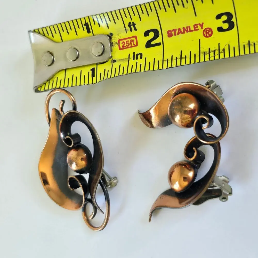 Vintage Bell Trading Post Brooch Earring Copper Swirl Modernist 1960s Western